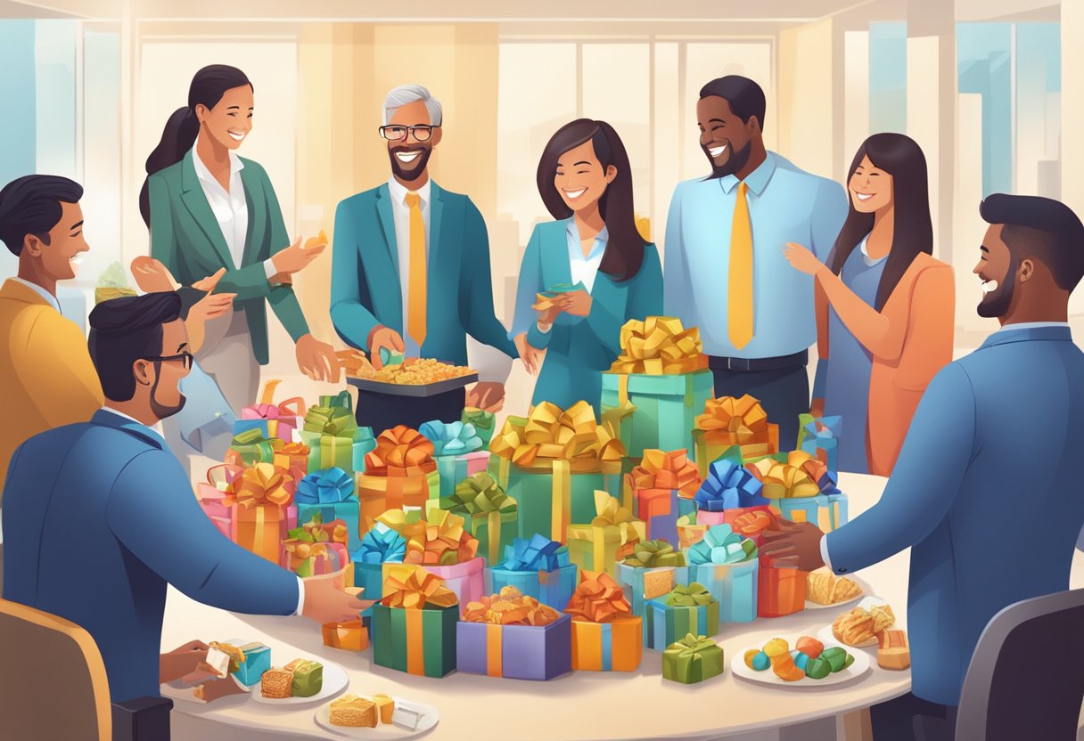 A table adorned with custom corporate gift baskets, surrounded by smiling executives exchanging gifts and handshakes