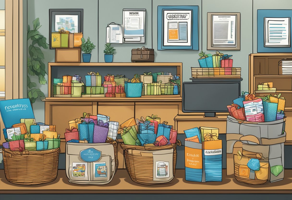 A table displaying various custom corporate gift baskets with a sign reading "Frequently Asked Questions" in a busy office setting