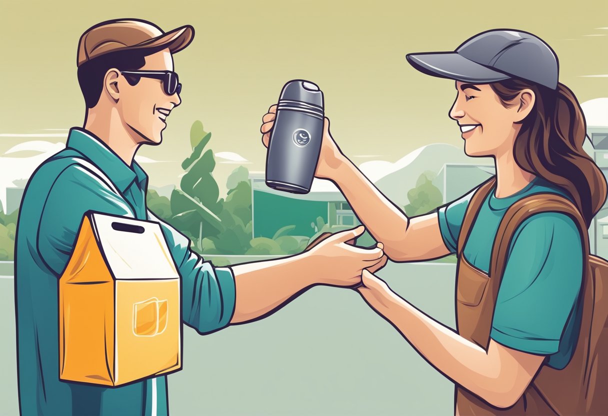 A hand reaches out to purchase a custom thermos flask. A delivery person delivers the flask to a happy customer