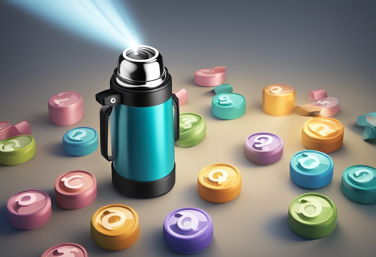 A custom thermos flask surrounded by question marks and a spotlight, symbolizing frequently asked questions