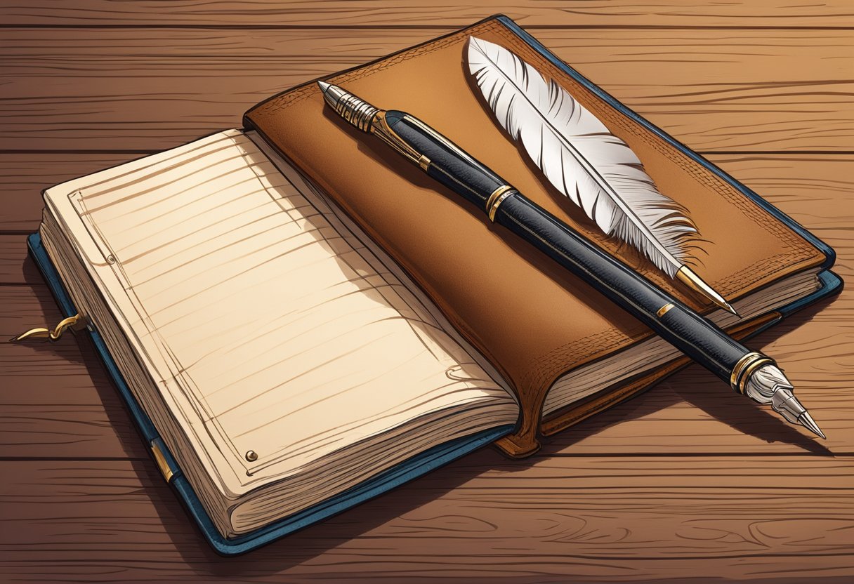 A customised leather journal lies open on a wooden desk, with a quill pen resting on its pages