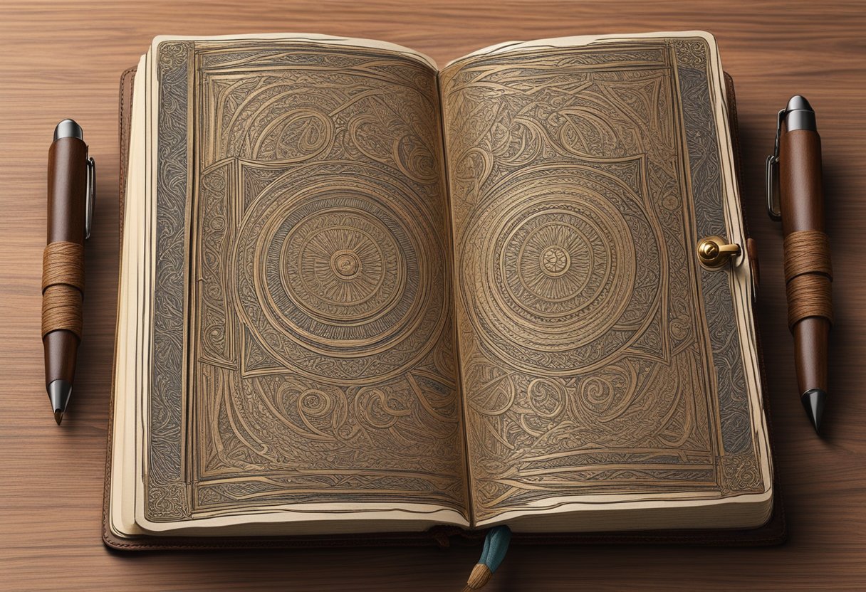 A leather journal lays open on a wooden desk, showcasing intricate craftsmanship and design details. The cover is adorned with personalized engravings, and the pages are neatly bound with hand-stitched thread