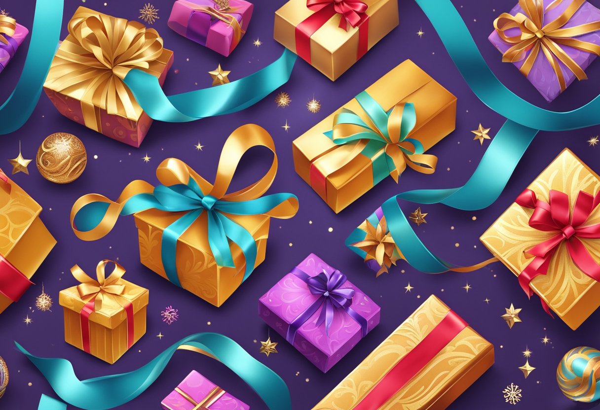 A customised ribbon unfurls, adorned with intricate patterns and vibrant colors, surrounded by shimmering gift boxes and festive decorations