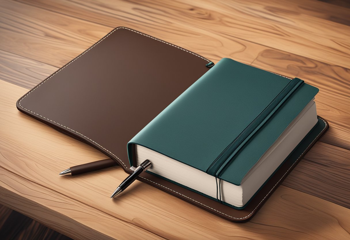 A custom leather journal lies open on a wooden desk, pen resting on blank pages. The cover is embossed with a personalized design, showcasing its unique functionality and usage