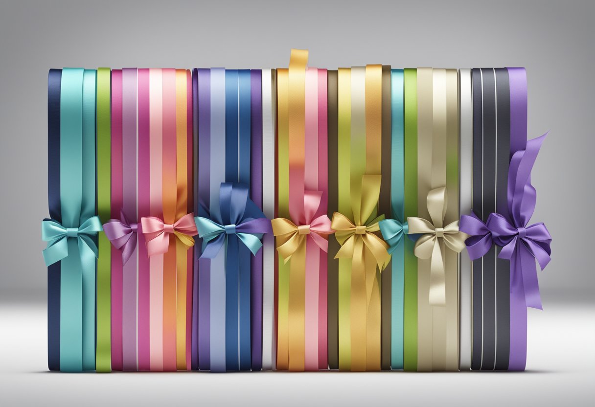 A variety of customised ribbon types arranged in a neat and colourful display