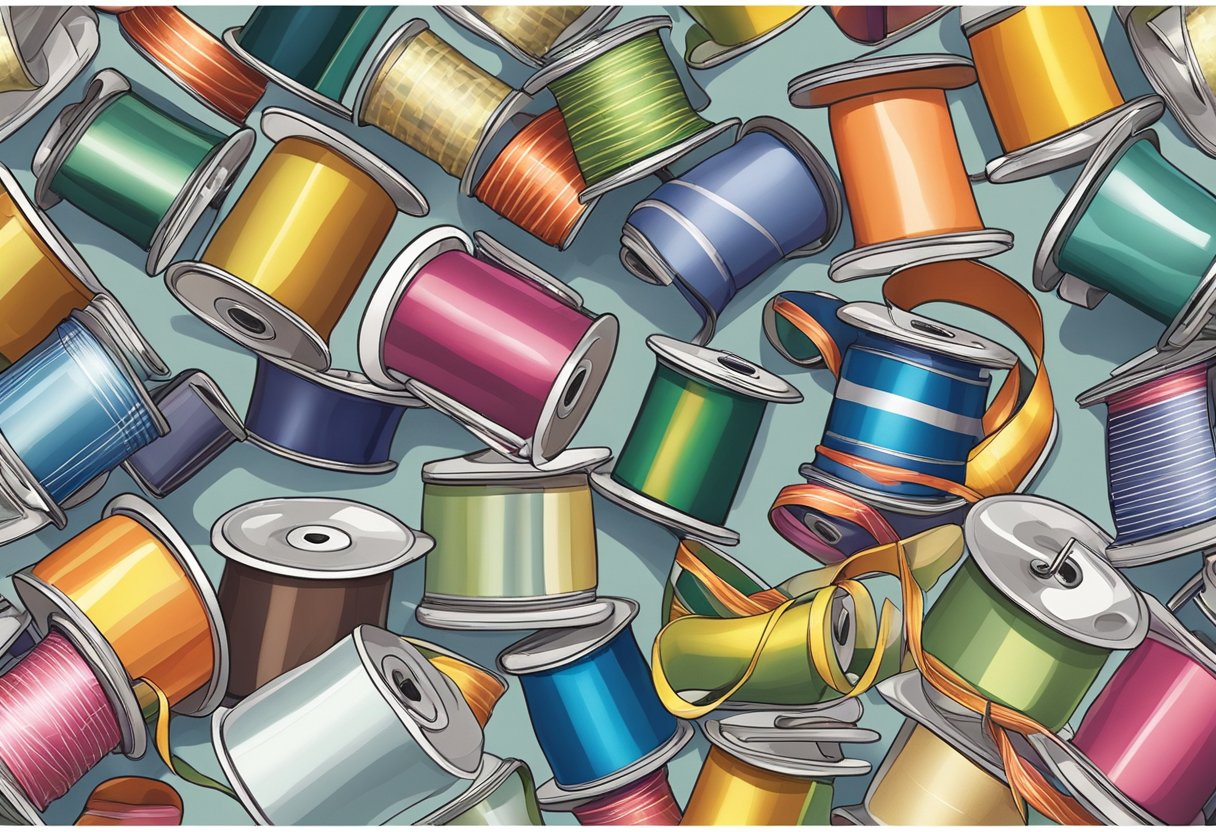 A hand reaching for a spool of ribbon, with various colors and patterns displayed on a table