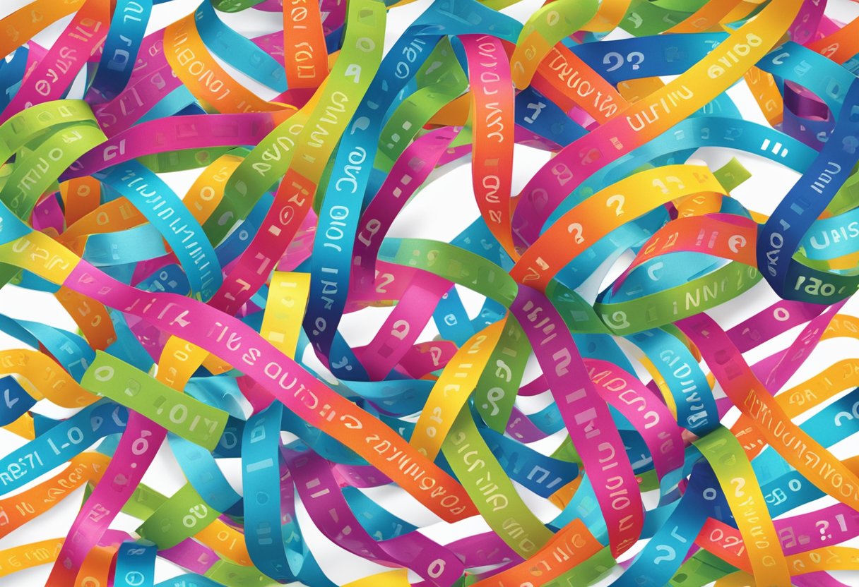 A spool of ribbon with "Frequently Asked Questions" printed in bold, vibrant colors, surrounded by a variety of question marks and exclamation points