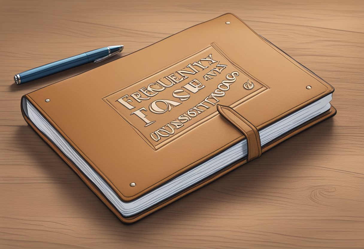 A custom leather journal with "Frequently Asked Questions" embossed on the cover, surrounded by a stack of papers and a pen