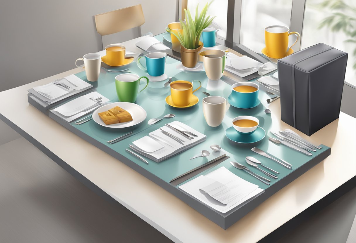 A table with various customizable corporate gifts, including not inverted cups, displayed neatly and attractively