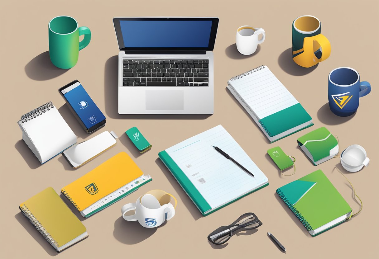 A table with branded USBs, mugs, and notebooks. A company logo prominently displayed. Bright, professional, and organized