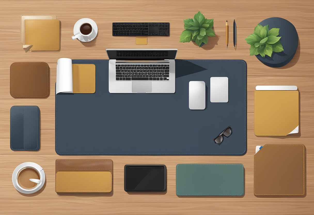 A variety of desk mats lay on a wooden surface, including leather, fabric, and rubber options in different shapes and sizes