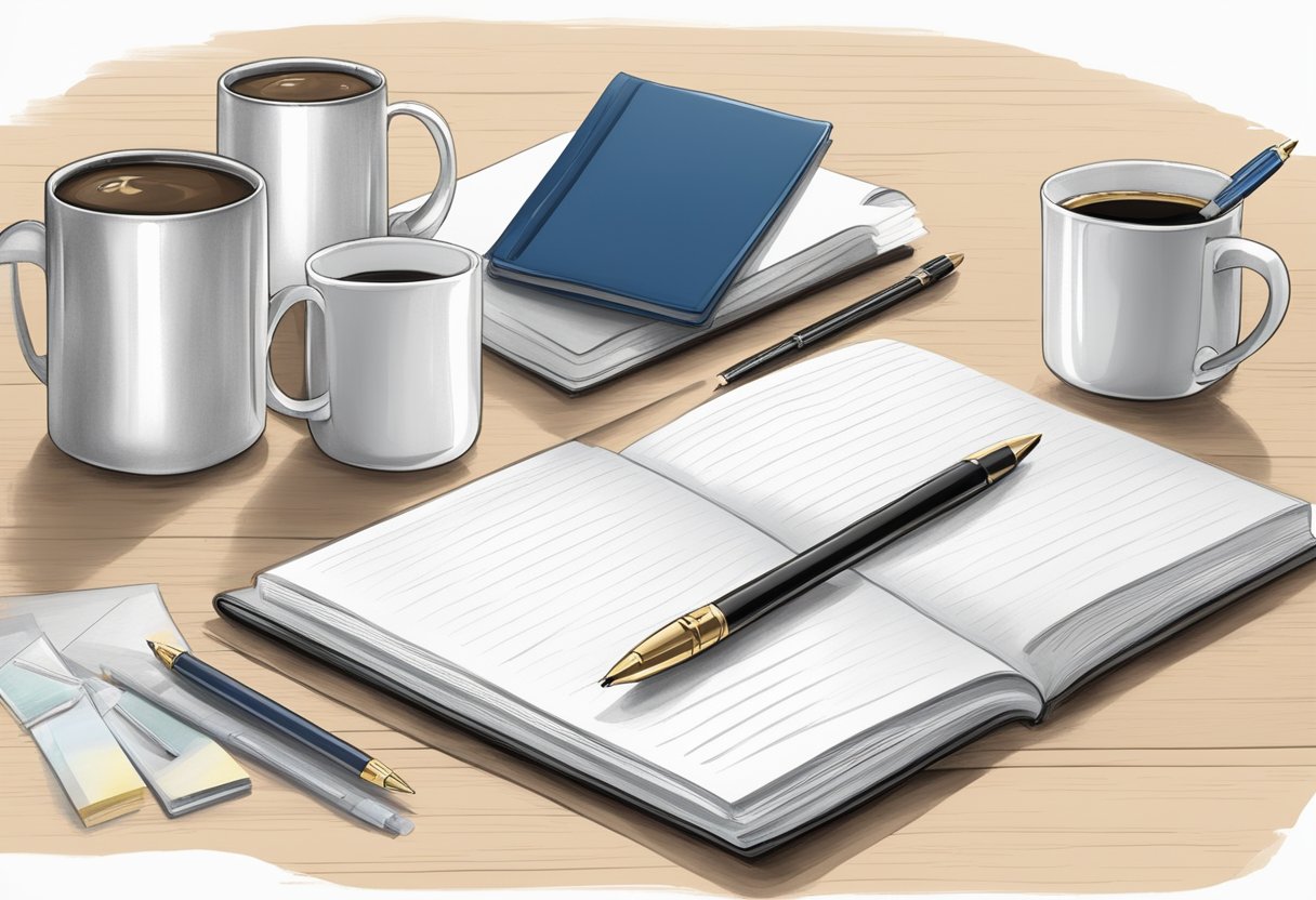 A table with customizable corporate gifts: mugs, pens, and notebooks. No inverted cups