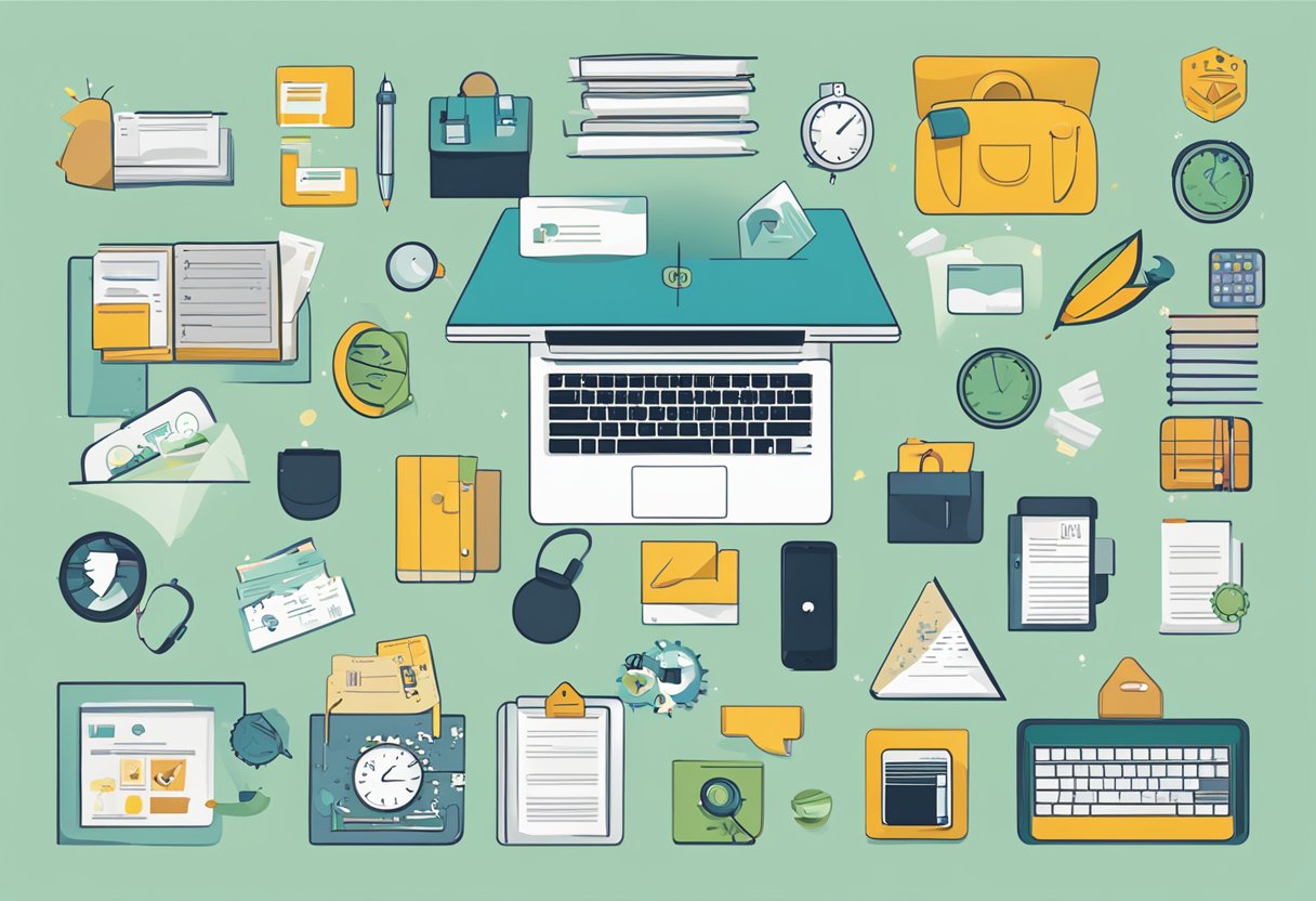 A desk mat with "Frequently Asked Questions" in bold font, surrounded by various icons and symbols representing different topics