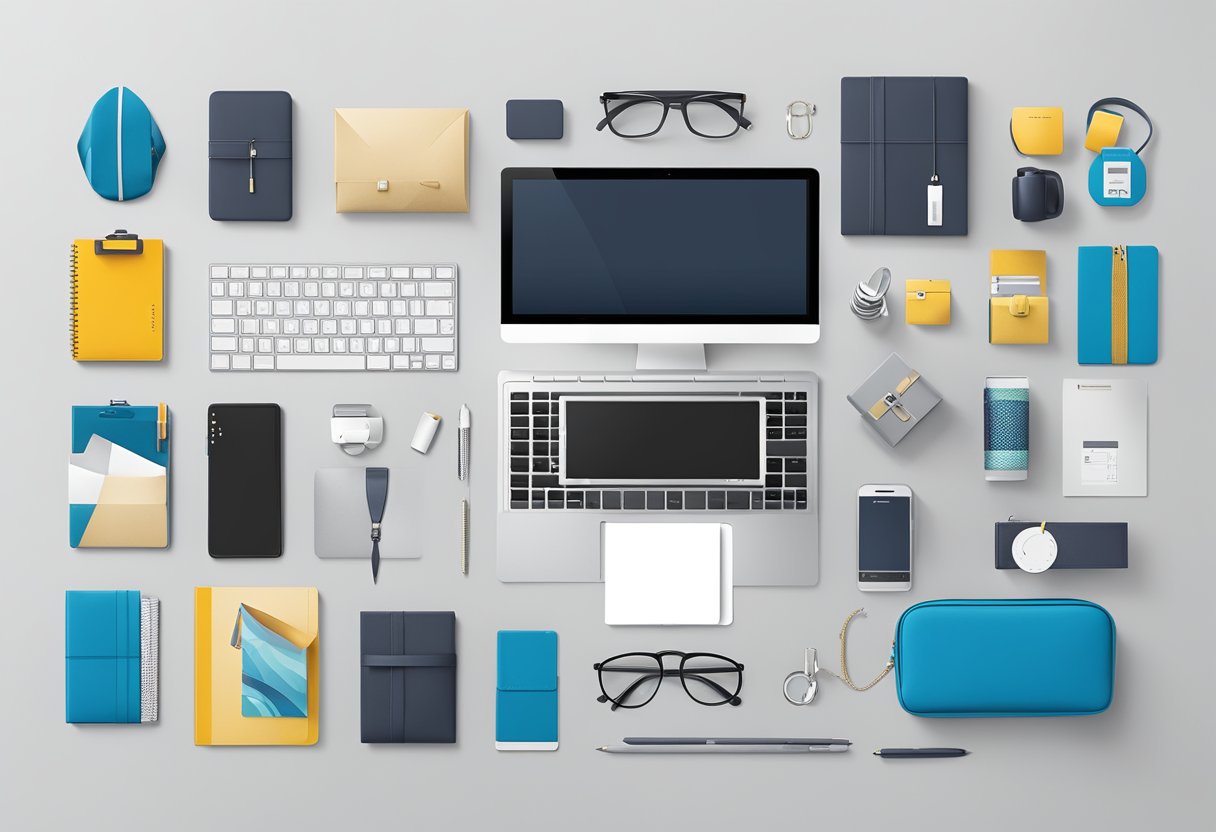 A desk with personalized corporate gifts arranged neatly, including branded items and unique packaging