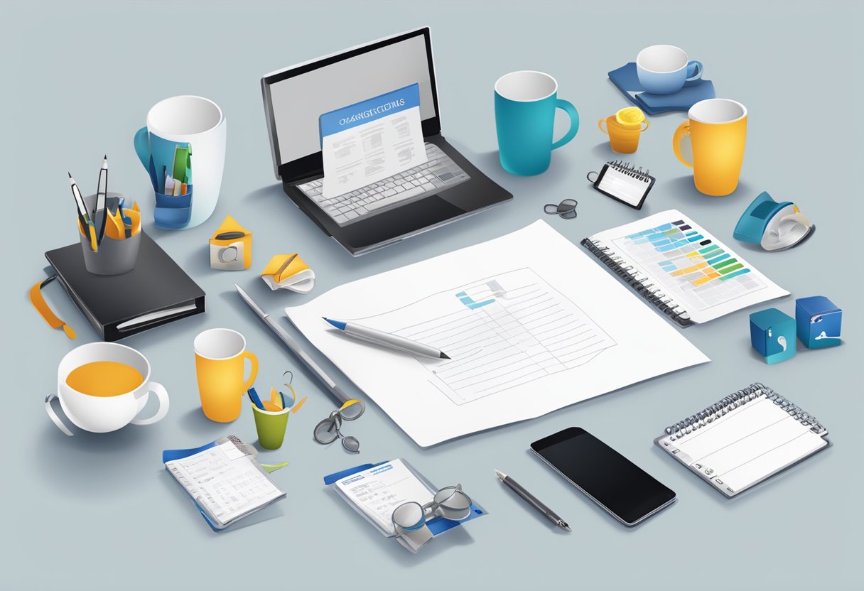 A table with customizable corporate gifts, including inverted cups, surrounded by frequently asked questions