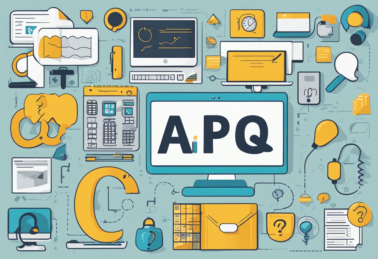 A computer mouse pad with "Frequently Asked Questions" printed in bold lettering, surrounded by various icons and symbols representing different inquiries