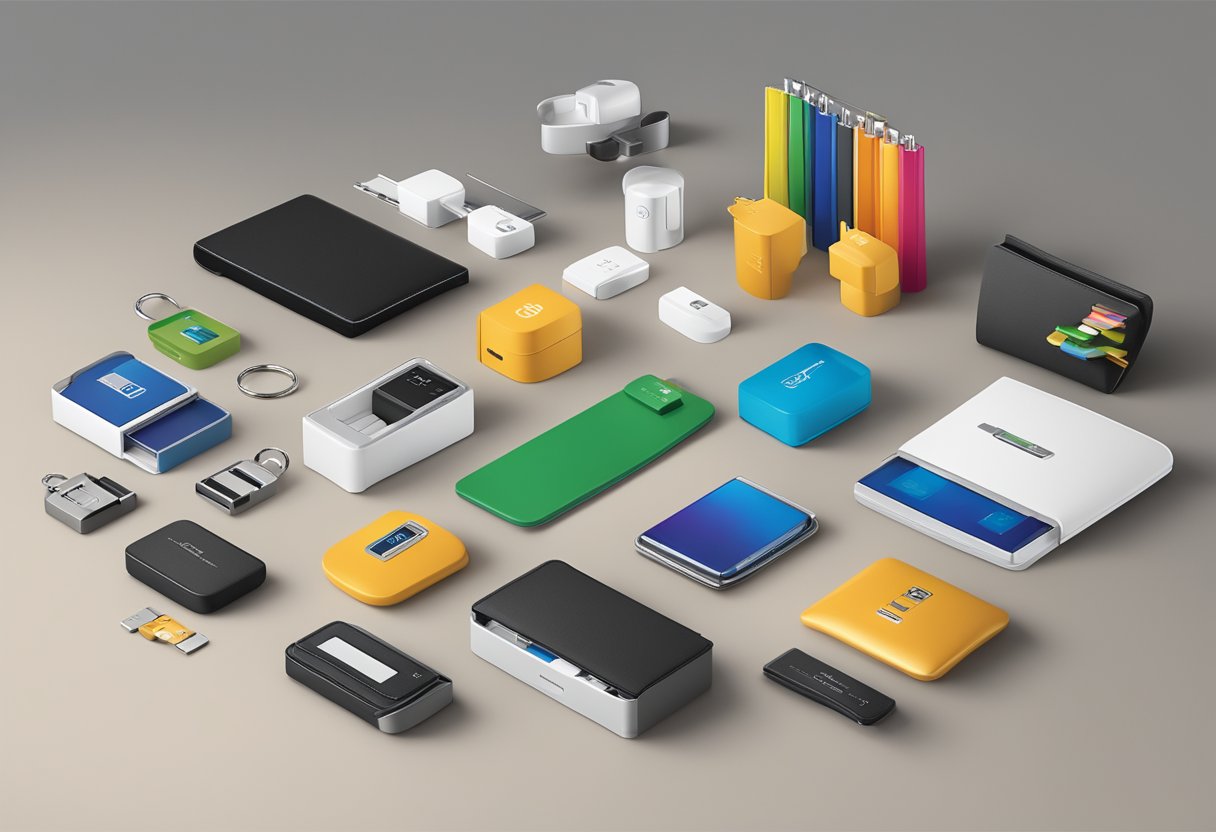 A table displaying various custom USBs and corporate gifts with a catalog and customization options
