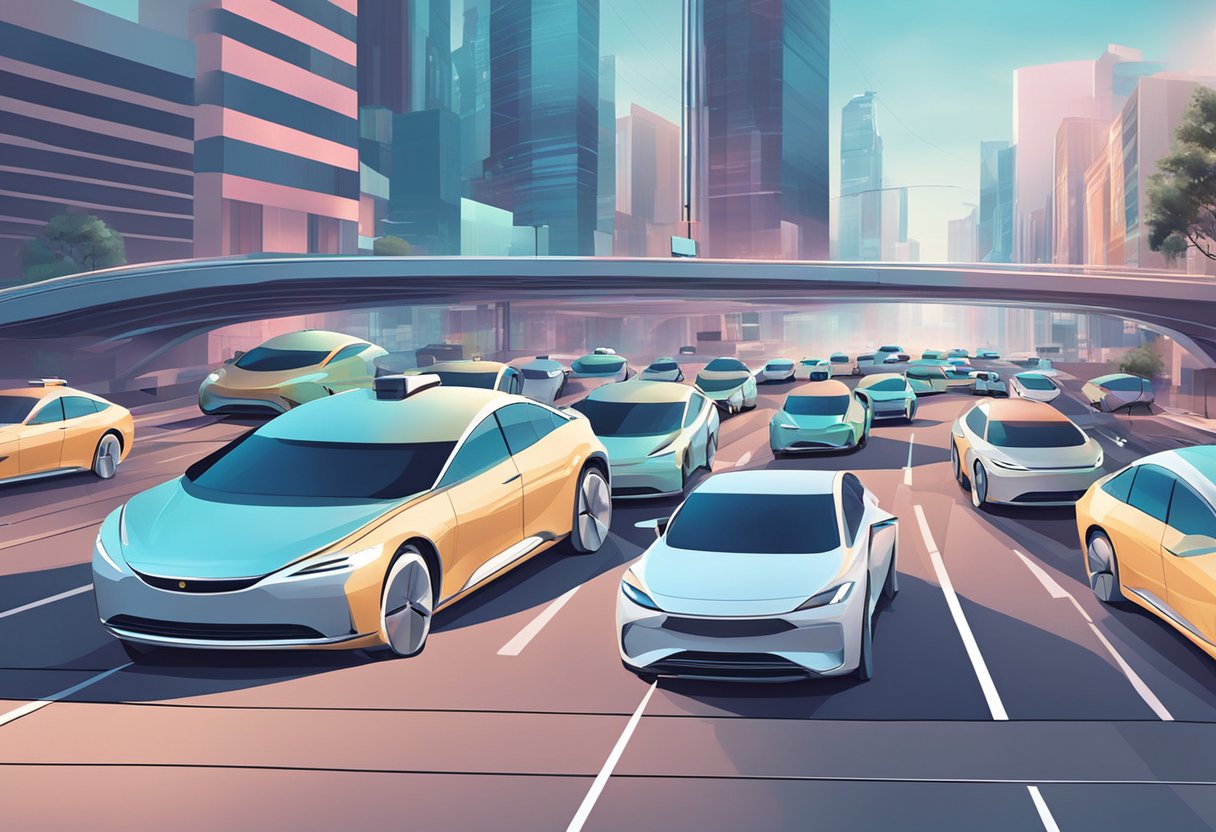 A fleet of self-driving cars navigate city streets, seamlessly merging and communicating with each other. The futuristic vehicles move efficiently, providing a glimpse into the mainstream future of transportation