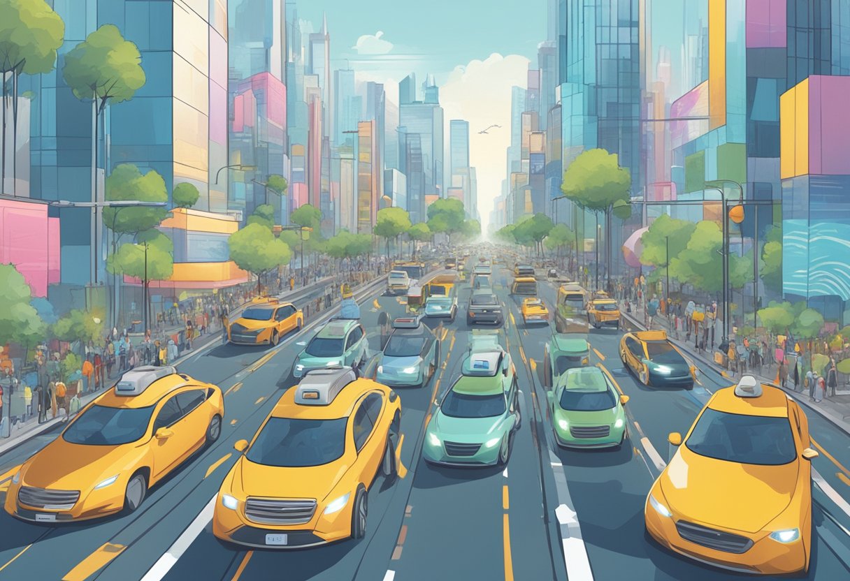 A bustling city street with self-driving cars seamlessly navigating traffic, pedestrians looking on with curiosity and awe. Media headlines and advertisements display positive public perception and widespread adoption of autonomous vehicles