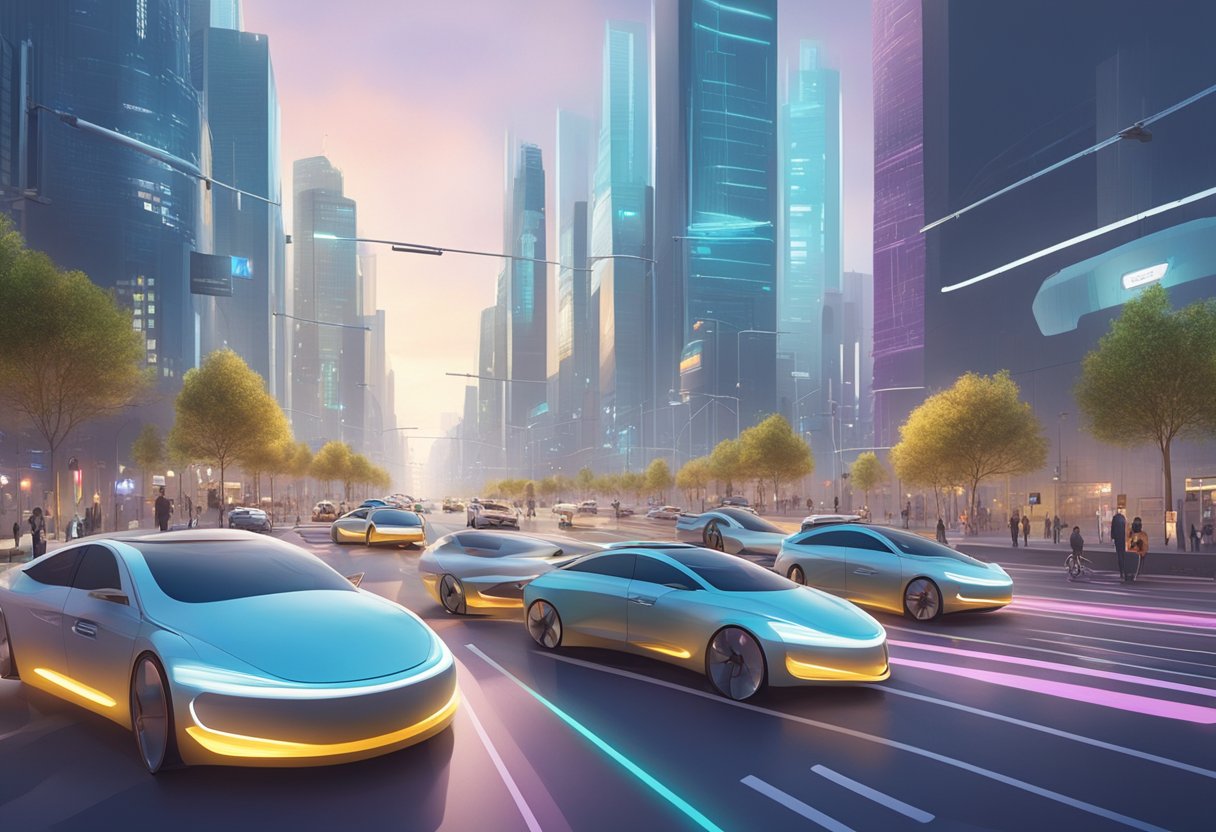 A futuristic cityscape with self-driving cars seamlessly navigating through traffic, while pedestrians and cyclists safely share the road. A clear roadmap to mainstream adoption is displayed in the background