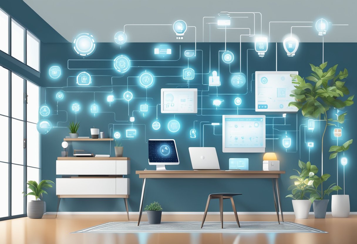 Various smart devices such as thermostats, lights, and security cameras are connected and controlled through AI, creating a seamless home automation system