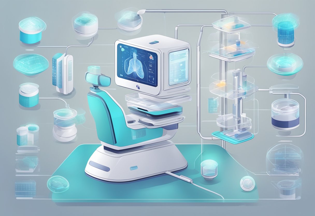 A futuristic AI-powered diagnostic machine scans a variety of medical tests and images, providing accurate and efficient healthcare analysis