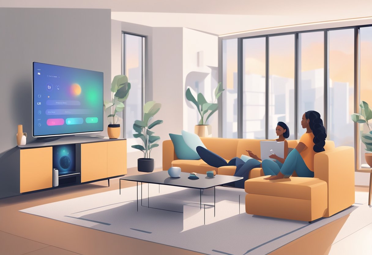 AI-powered devices interact in a modern home setting. A smart speaker responds to voice commands, while a virtual assistant manages schedules on a smartphone