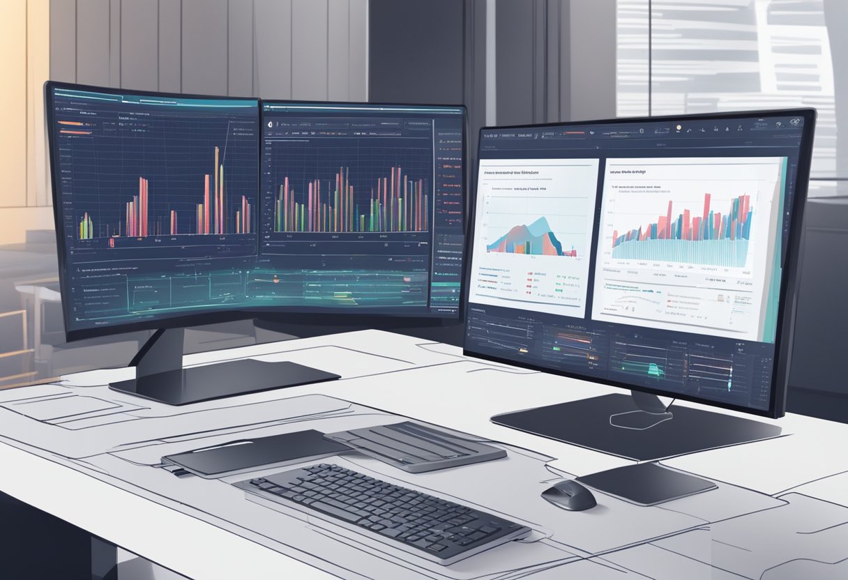 AI algorithms scanning financial data for fraud, with graphs and charts displayed on a computer screen