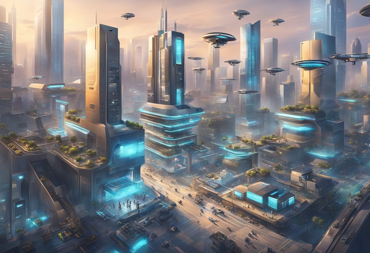 A futuristic city skyline with AI-powered drones and robots working alongside humans in advanced industries