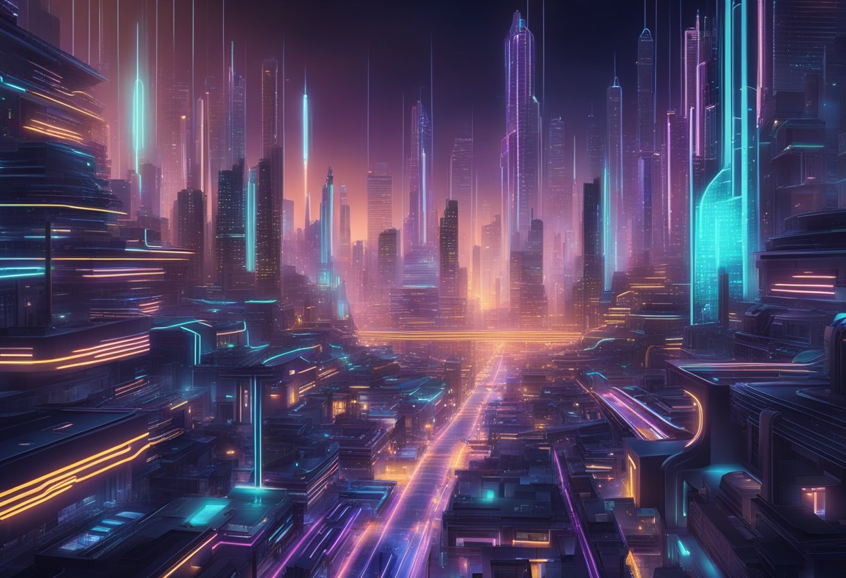 A futuristic cityscape with glowing neon signs and sleek, advanced technology. A network of interconnected data streams and algorithms pulsate with energy, symbolizing the future trends in AI and machine learning