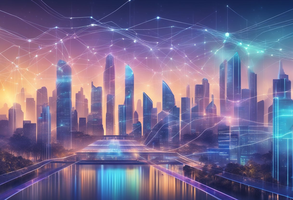 A futuristic city skyline with interconnected data streams and AI algorithms in the background, symbolizing the future trends in AI and machine learning