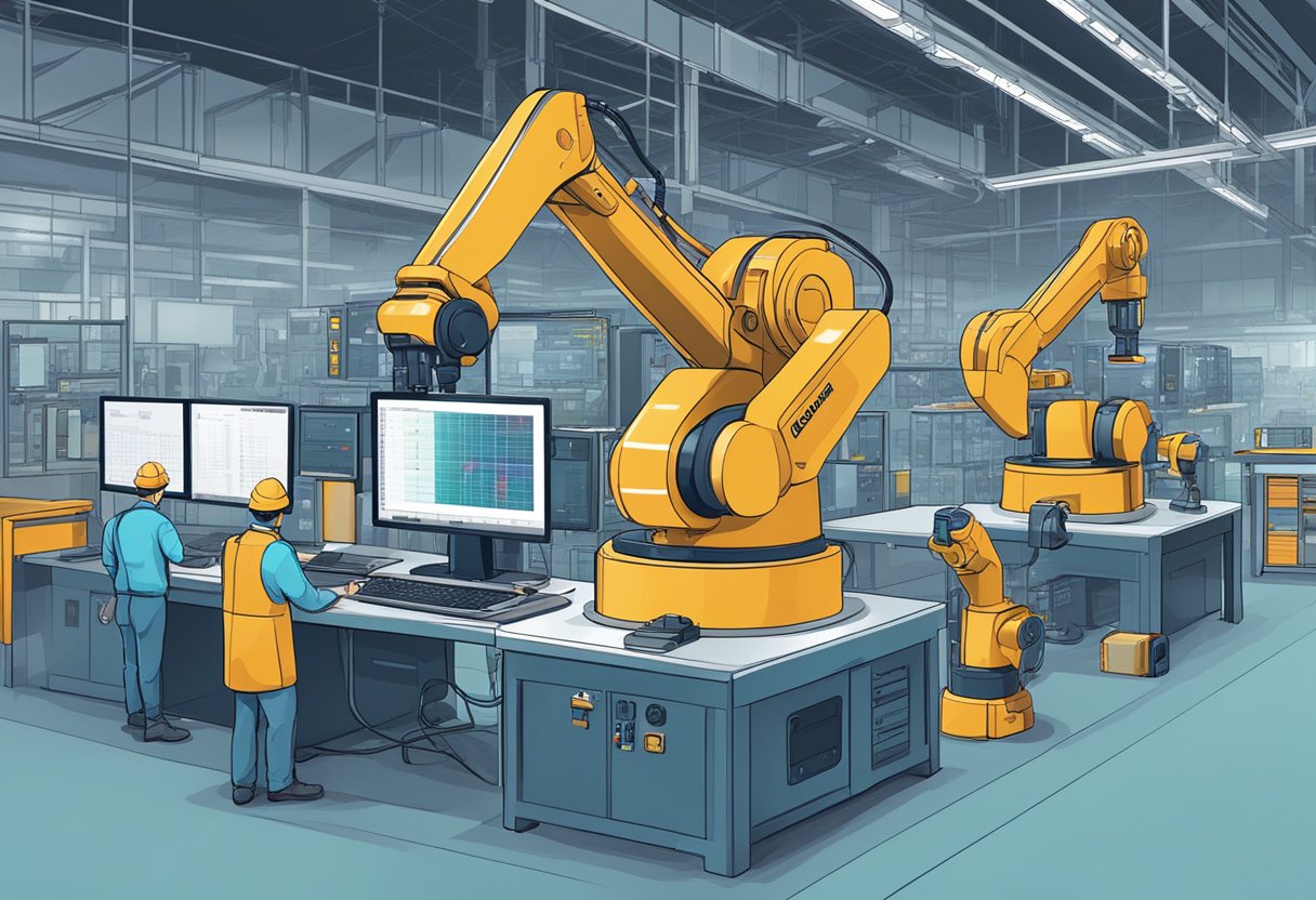 AI algorithms working on various industrial machines, analyzing data and making real-time decisions