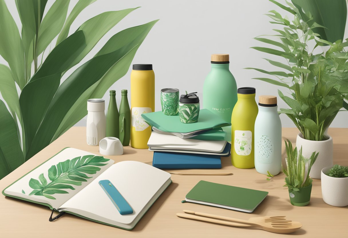 A table adorned with sustainable gifts: reusable water bottles, bamboo utensil sets, and recycled notebooks. A backdrop of lush greenery and eco-friendly branding