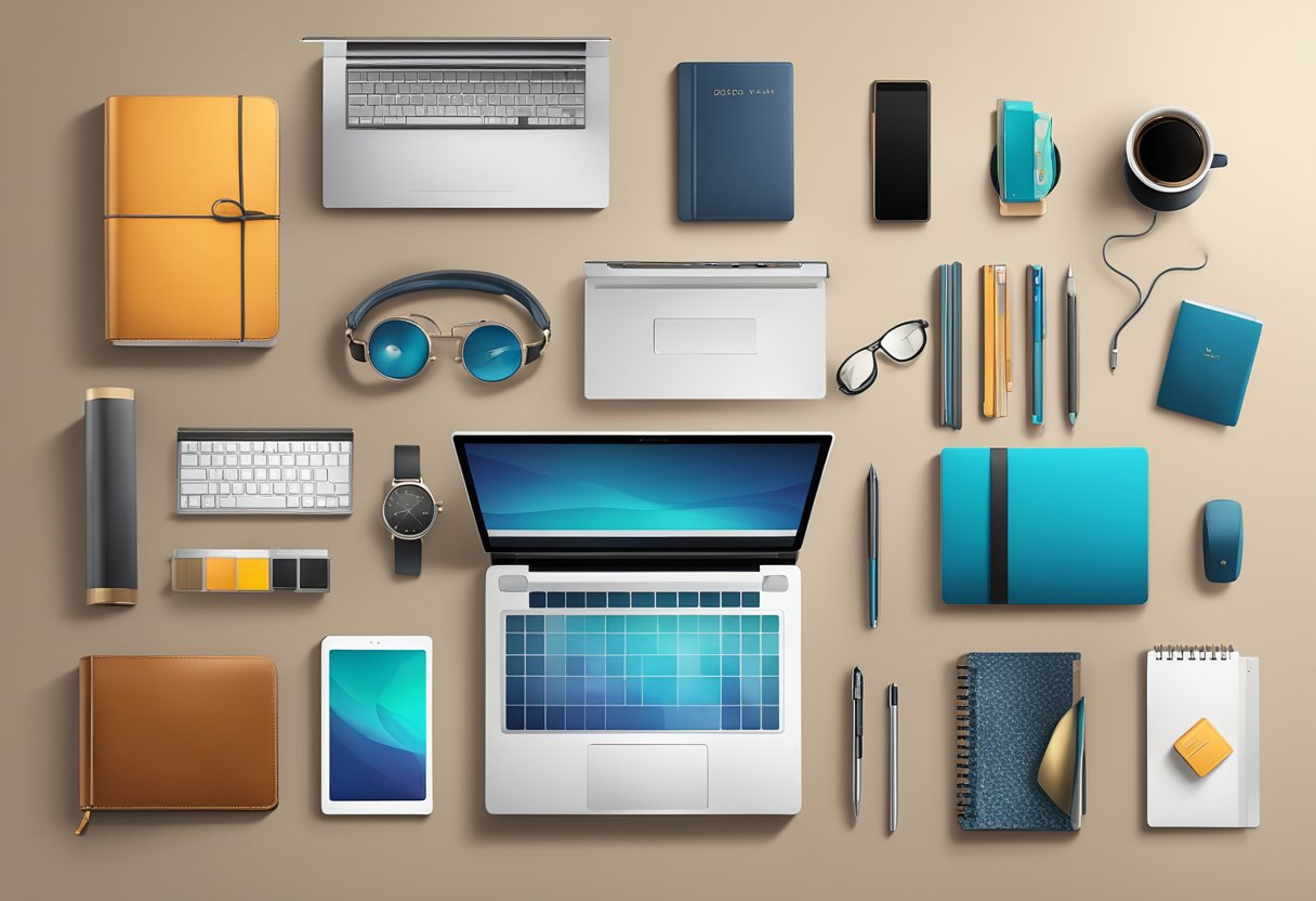 A sleek, modern office desk adorned with luxury corporate gifts - from personalized leather notebooks to high-end tech gadgets