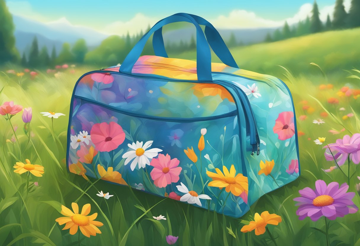A foldable nylon bag lays open on a grassy field, surrounded by colorful wildflowers and a gentle breeze