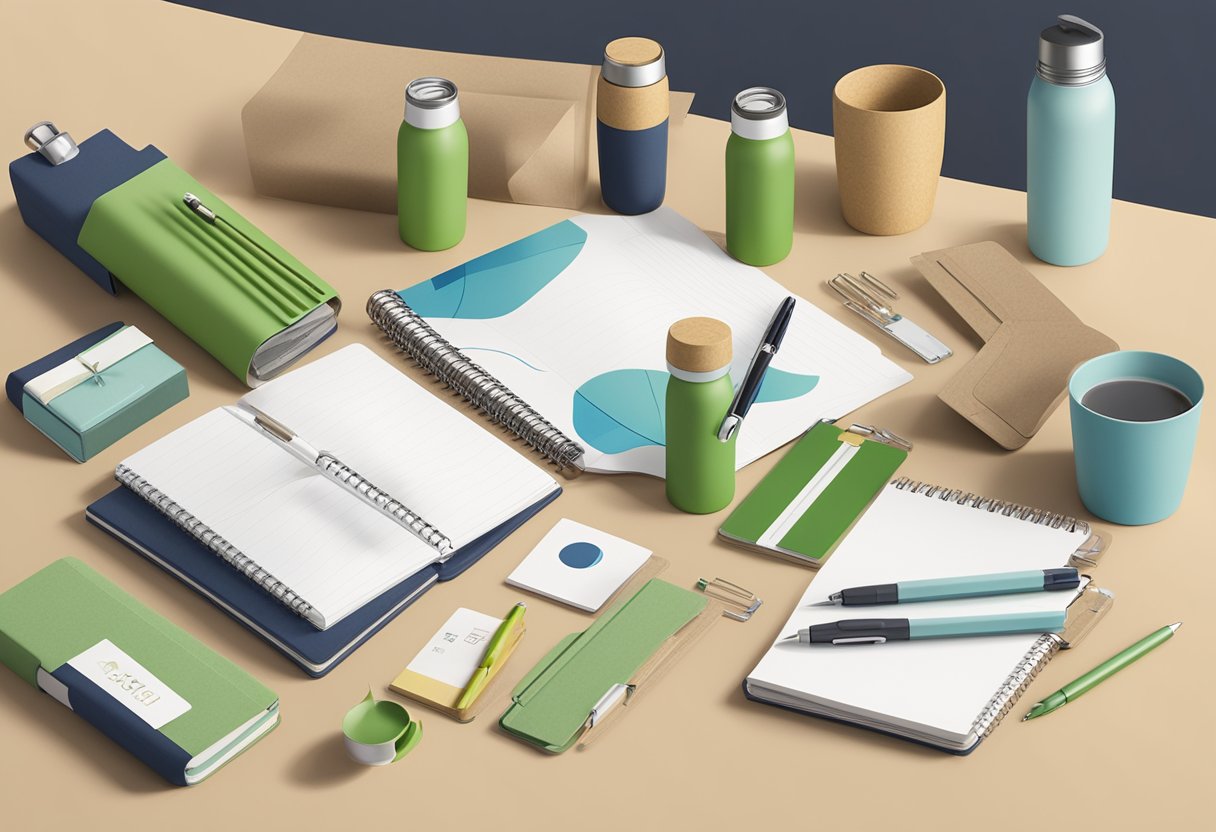 A table showcasing eco-friendly corporate gifts, including recycled paper notebooks, bamboo pens, and reusable metal water bottles