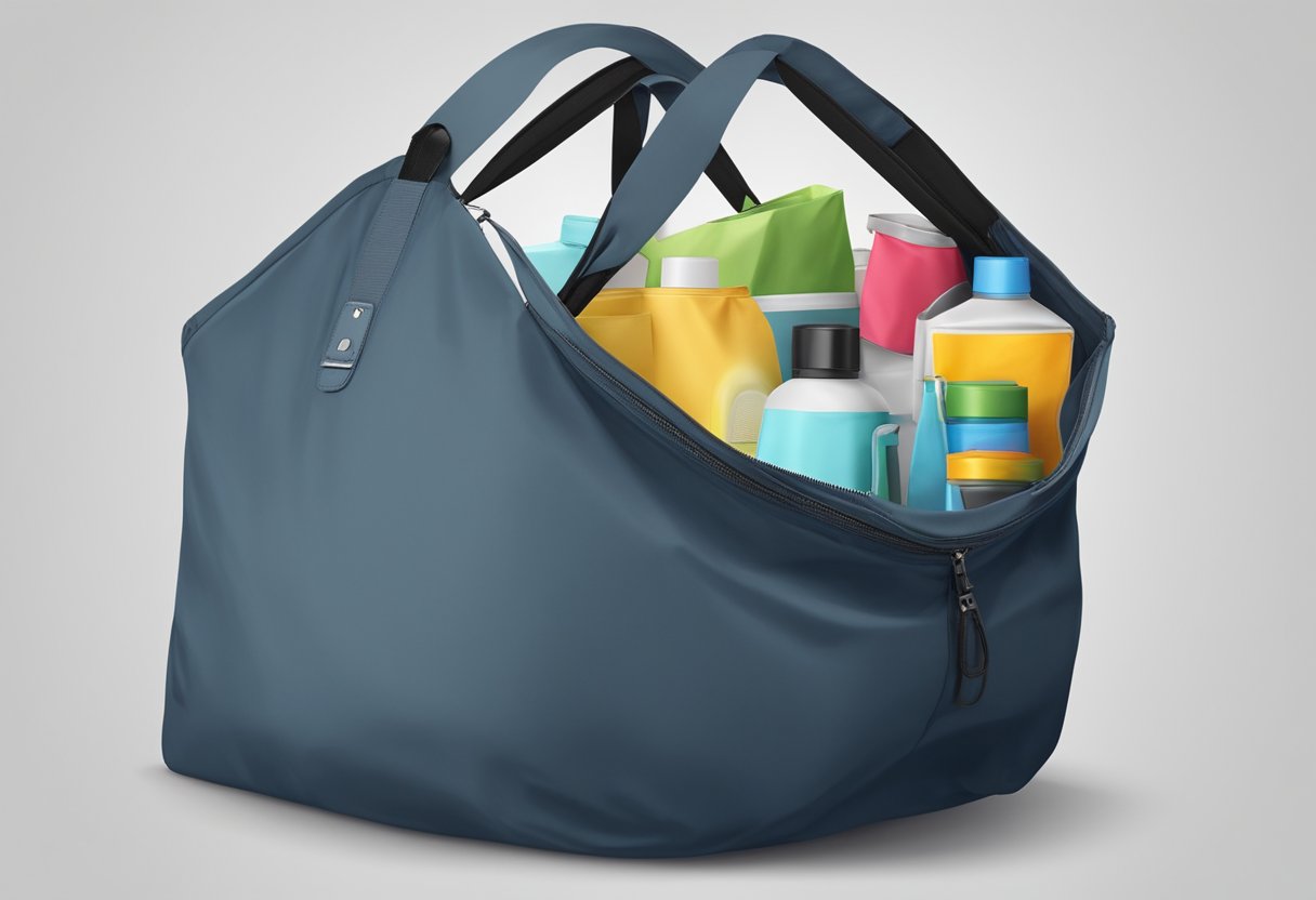 A foldable nylon bag unfolds to reveal its spacious interior and durable material, perfect for on-the-go storage and eco-friendly shopping