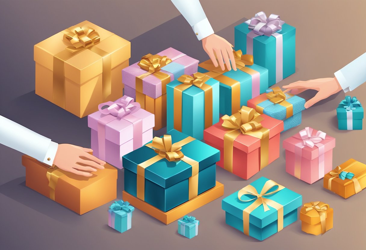 A hand reaches for a luxurious gift box, surrounded by elegant corporate gift options