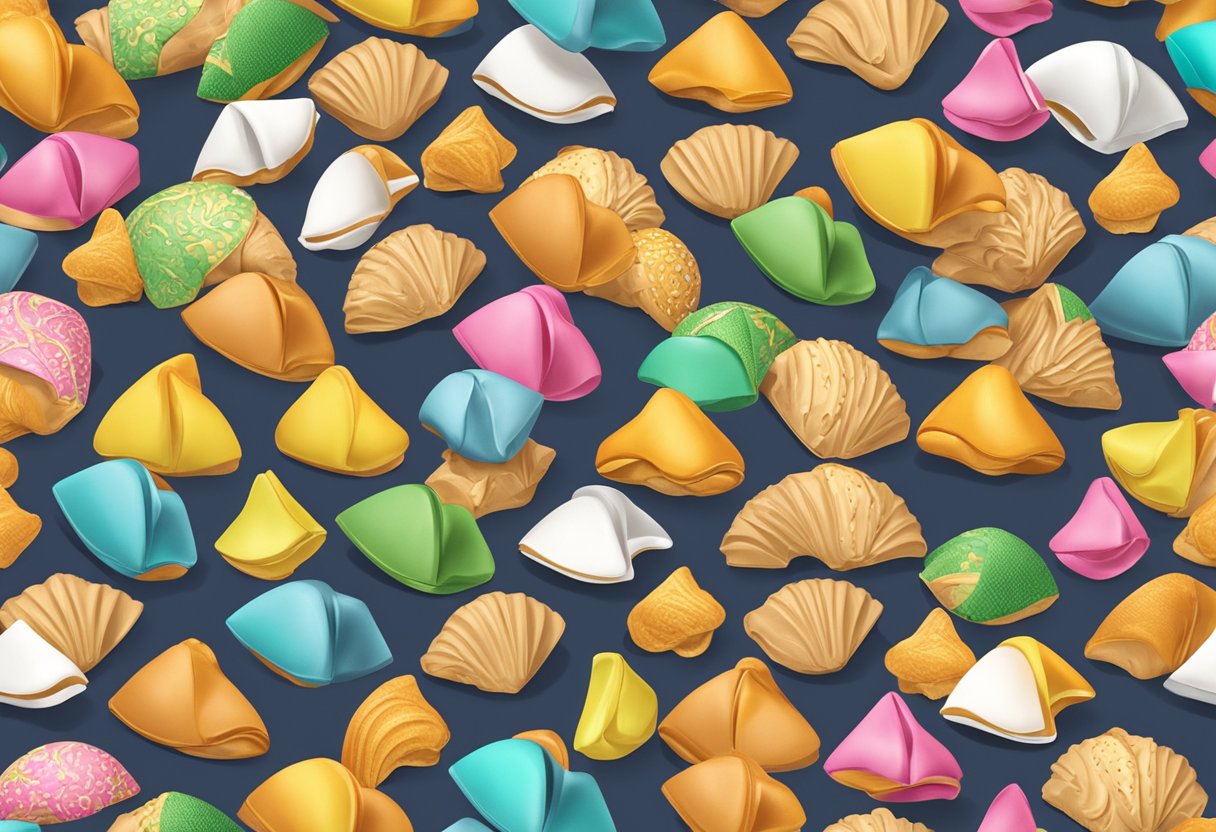 A pile of fortune cookies arranged neatly in a corporate gift box, with the company's logo printed on the packaging