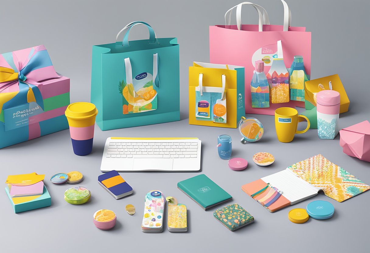Various door gift products displayed on a table with colorful packaging and branding. Items include notebooks, keychains, mugs, and tote bags