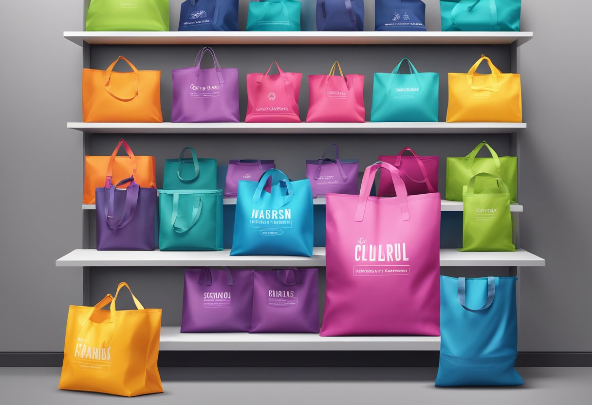 A vibrant, spacious foldable nylon bag with customizable branding options displayed on a clean, modern retail shelf