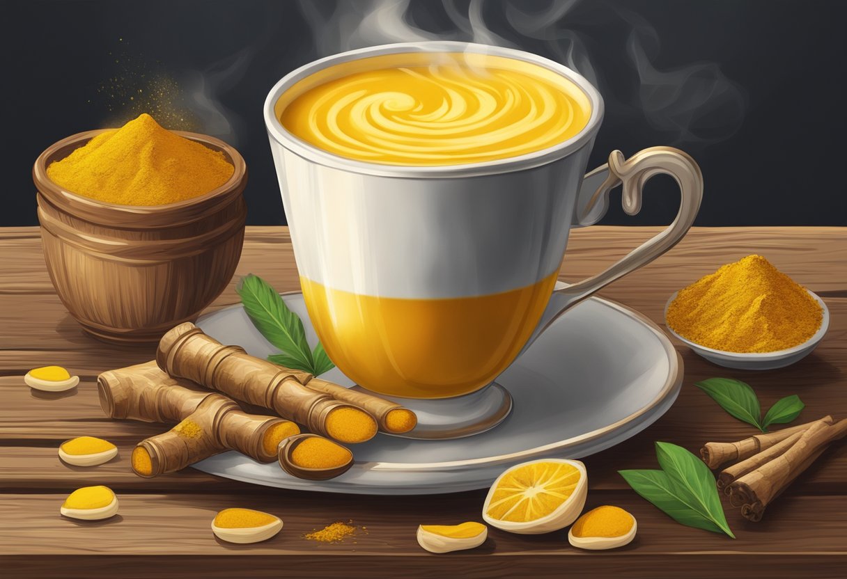 A steaming cup of turmeric golden latte sits on a rustic wooden table, surrounded by vibrant yellow turmeric roots and aromatic spices