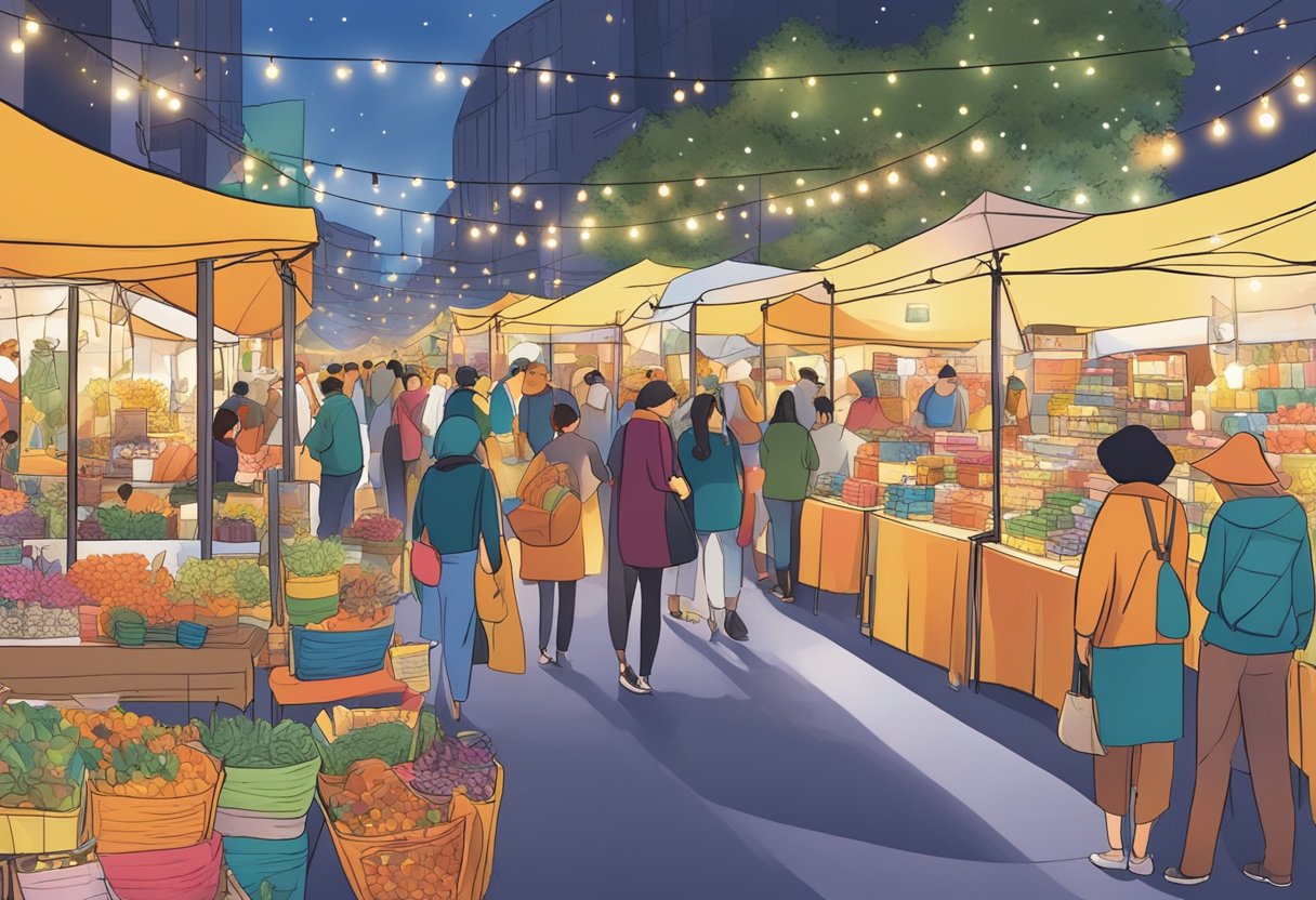 A bustling gift market with colorful stalls and diverse products displayed under bright lights. Shoppers browse through the array of items, while vendors engage in lively conversations with potential customers