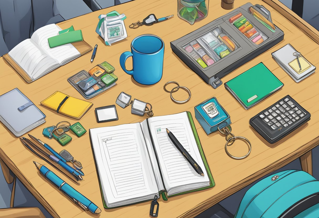 A table with various door gifts displayed, including keychains, pens, and notebooks. A sign above reads "Frequently Asked Questions door gifts."