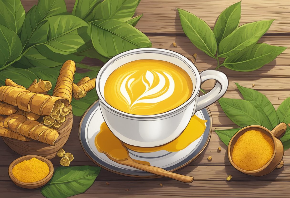 A steaming mug of golden turmeric latte sits on a rustic wooden table, surrounded by scattered turmeric roots and vibrant green leaves. A warm, inviting glow emanates from the mug, evoking a sense of comfort and wellness
