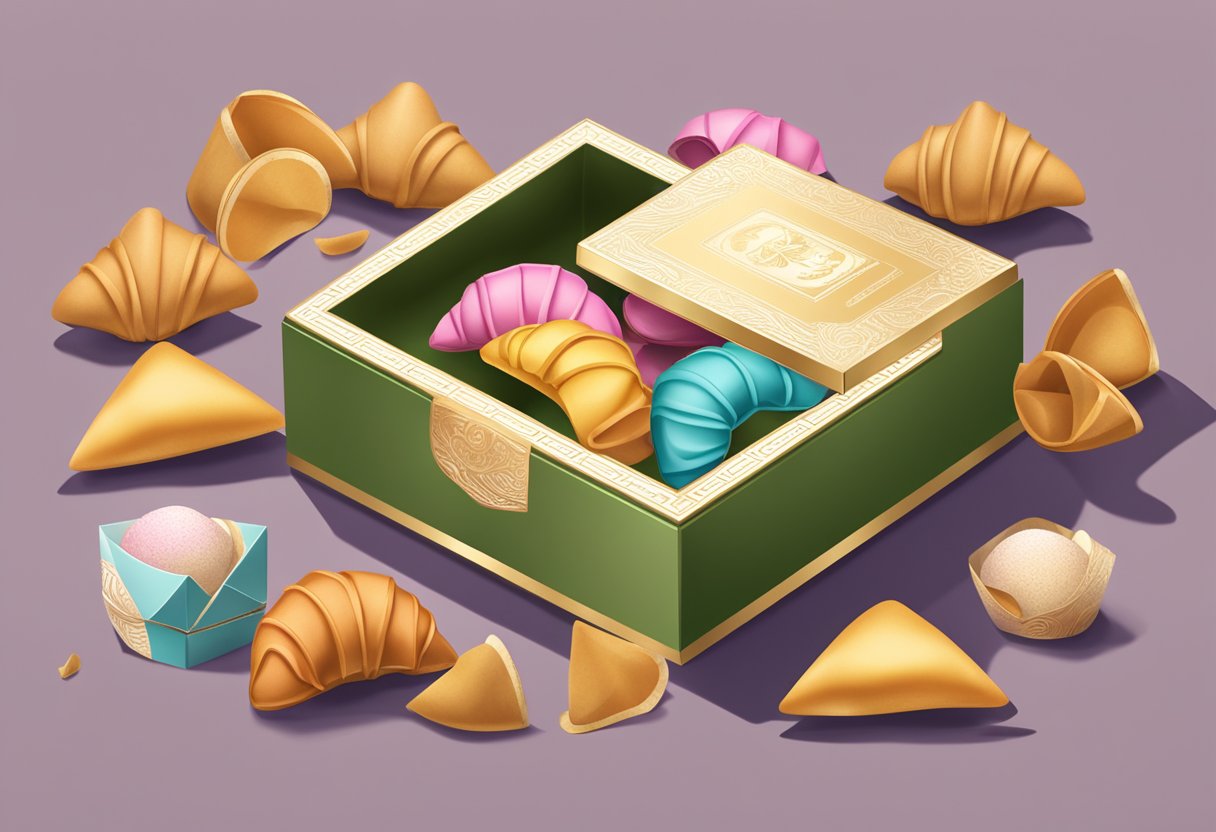 A pile of fortune cookies arranged in a decorative box, surrounded by elegant packaging and corporate branding materials