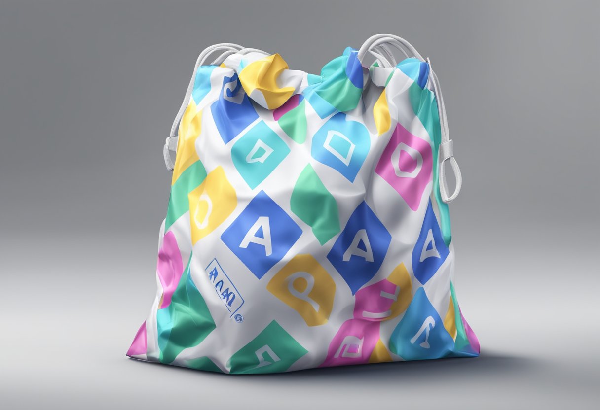 A nylon bag unfolds with FAQ text visible