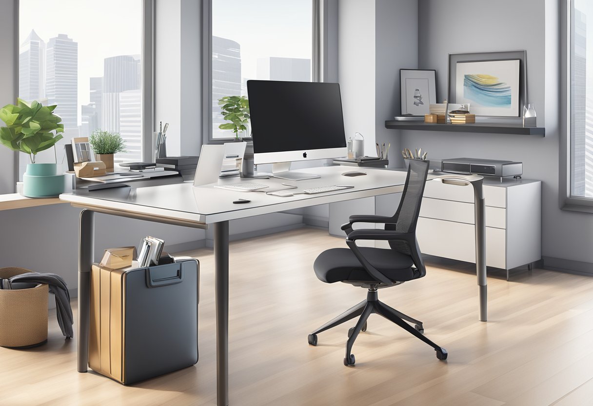 A sleek, modern office setting with a table displaying unique corporate gifts such as personalized tech gadgets, stylish desk accessories, and custom branded items