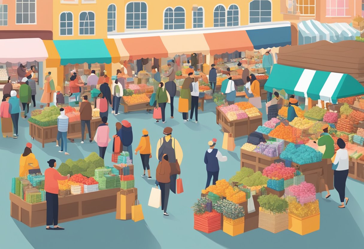A bustling market with colorful displays of gifts, surrounded by eager shoppers and vendors showcasing their wares