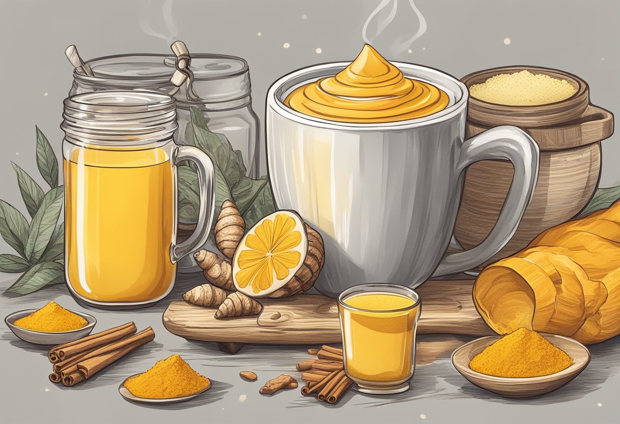 A table with a steaming mug of turmeric golden latte coffee, surrounded by ingredients like turmeric, ginger, cinnamon, and a jar of honey